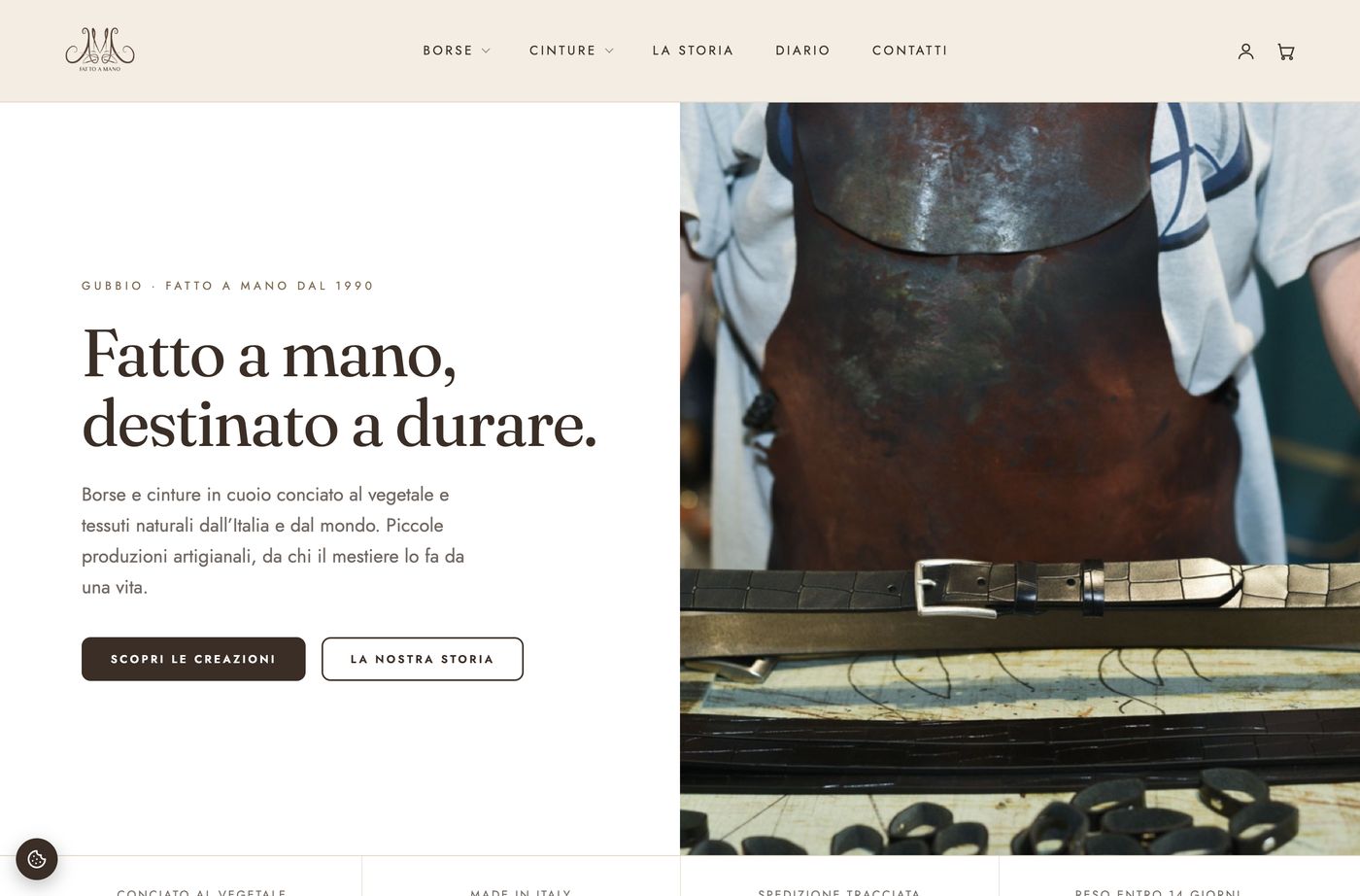 La home page del sito AMA Fatto a Mano, pelletteria artigianale